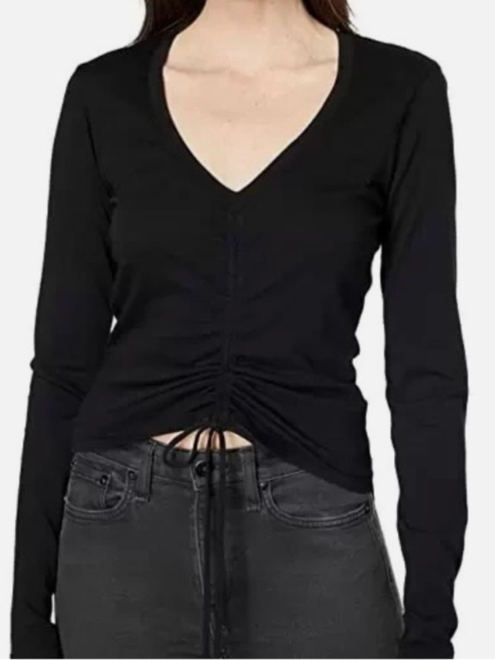 bobi Black Long Sleeve V-Neck Shirred Drawstring Top